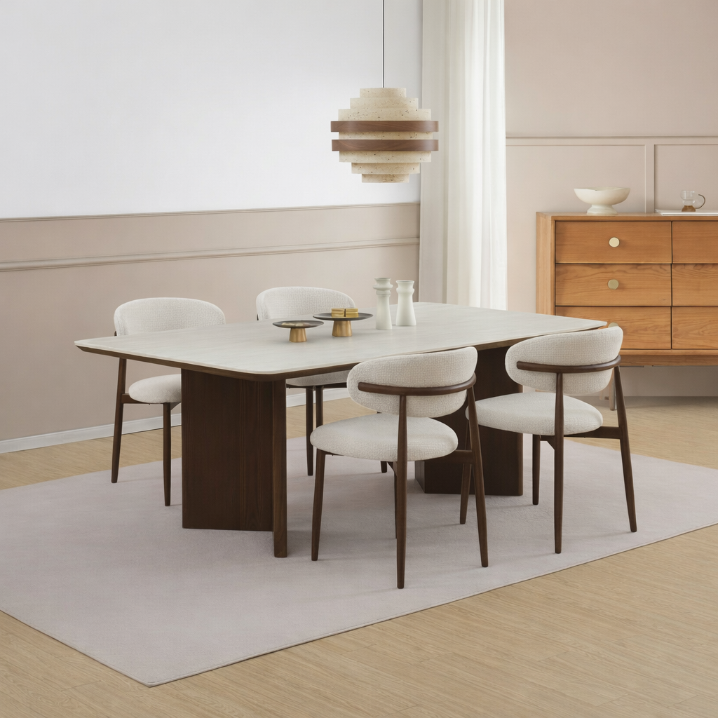 סט פינת אוכל שולחן טרוורטין בשילוב רגל אגוז דגם מונרו + 4 כיסאות מרופדים בגוון חול רגל אגוז דגם CELIO