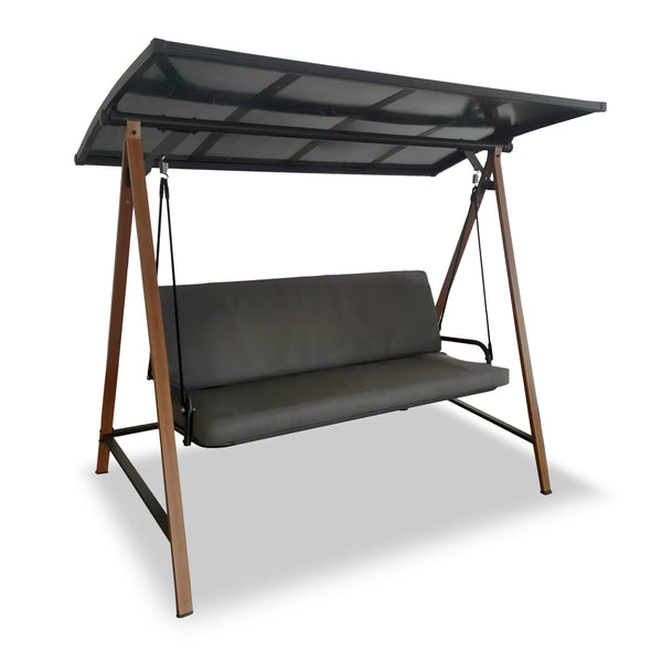 נדנדת גינה אפורה בעיצוב יוקרתי עם שלדת מתכת דמוי עץ וגג פוליקרבונט דגם מדריד