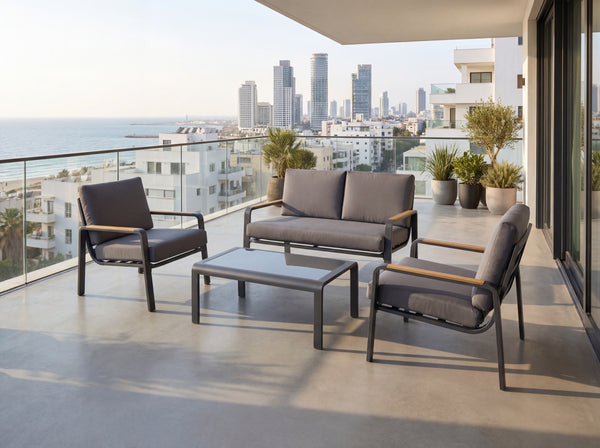 פינת ישיבה לגינה אלומיניום בצבע אפור בשילוב ידיות בצבע עץ וכריות אפורות דגם תומר