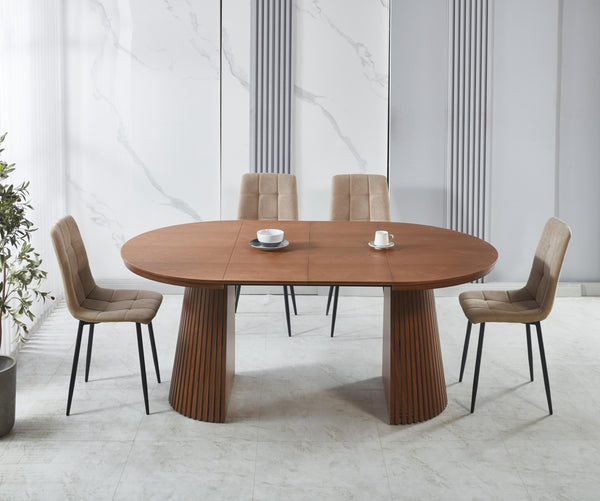 סט פינת אוכל שולחן אובלי נפתח צבע עץ אגוז 120-160/200 ס"מ בתוספת 4 כיסאות מרופדים במגוון צבעים דגם שחר (חול)