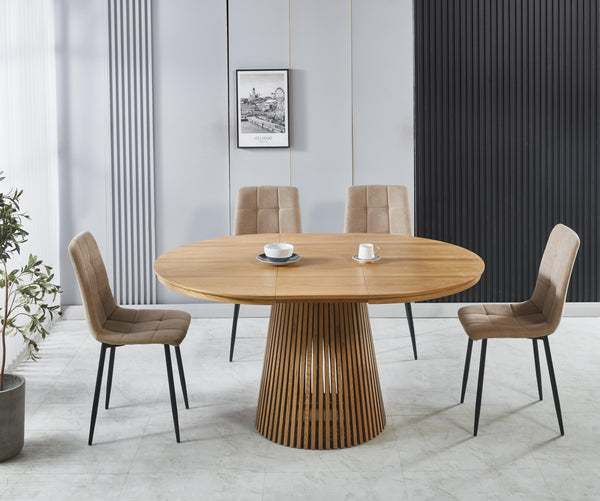 סט פינת אוכל שולחן עגול נפתח צבע עץ אלון 120-160 ס"מ בתוספת 4 כיסאות מרופדים במגוון צבעים דגם שחר (חול)