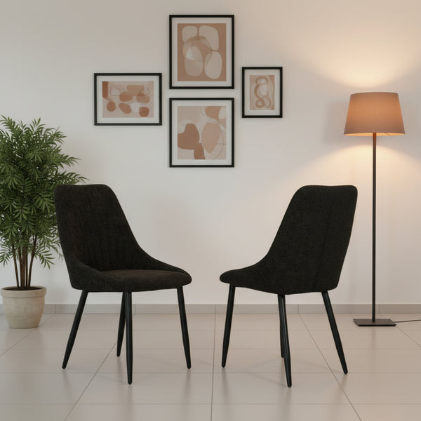 כיסא אוכל מבד מרופד בצבע שחור בשילוב רגלי מתכת שחורות דגם ניב