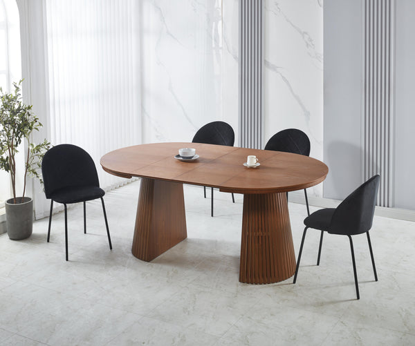 סט פינת אוכל שולחן אובלי נפתח צבע עץ אגוז 120-160/200 ס"מ בתוספת 4 כיסאות קטיפה במגוון צבעים דגם יהלומים (שחור)