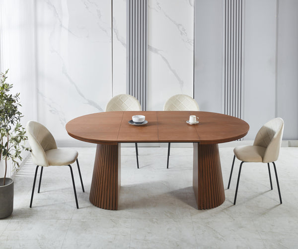 סט פינת אוכל שולחן אובלי נפתח צבע עץ אגוז 120-160/200 ס"מ בתוספת 4 כיסאות קטיפה במגוון צבעים דגם יהלומים (שמנת)