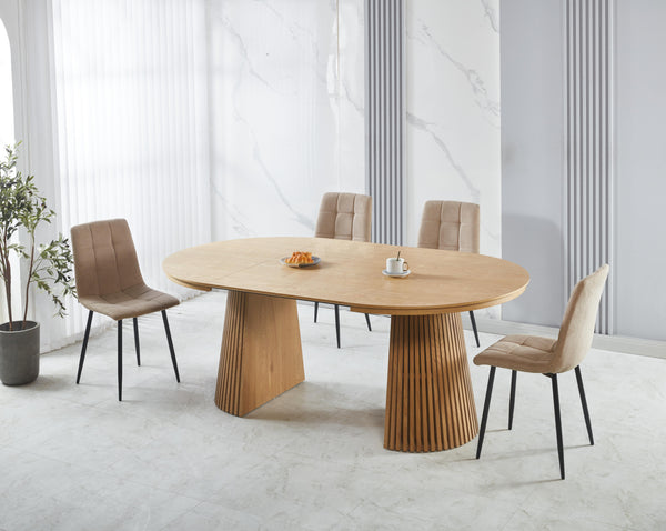 סט פינת אוכל שולחן אובלי נפתח צבע עץ אלון 120-160/200 ס"מ בתוספת 4 כיסאות מרופדים במגוון צבעים דגם שחר (חול)