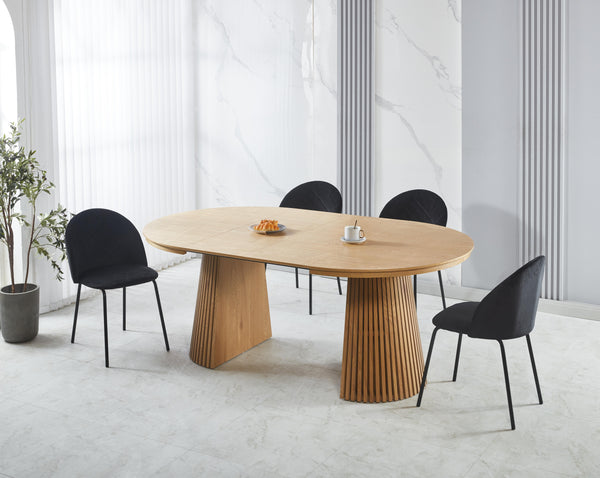 סט פינת אוכל שולחן אובלי נפתח צבע עץ אלון 120-160/200 ס"מ בתוספת 4 כיסאות קטיפה במגוון צבעים דגם יהלומים (שחור)