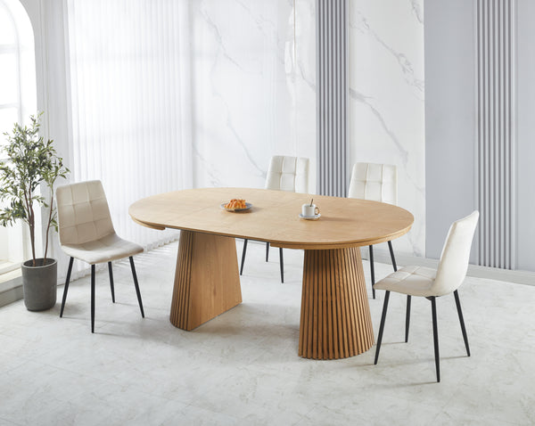 סט פינת אוכל שולחן אובלי נפתח צבע עץ אלון 120-160/200 ס"מ בתוספת 4 כיסאות מרופדים במגוון צבעים דגם שחר (שמנת)