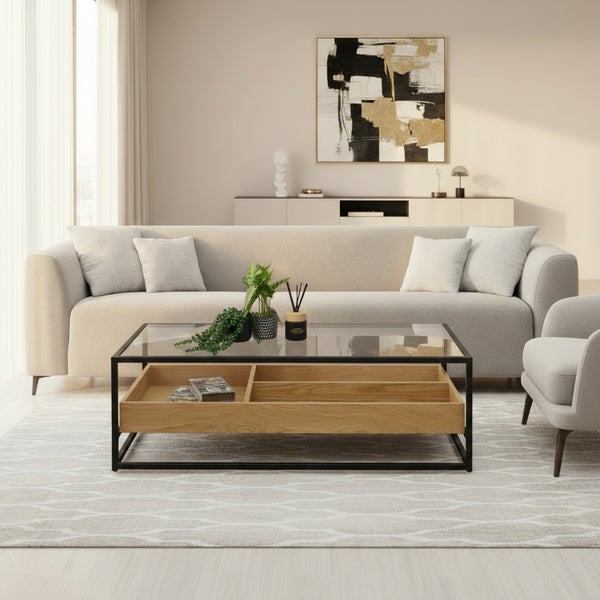 שולחן סלון מלבני מעץ בשילוב זכוכית 120 ס"מ