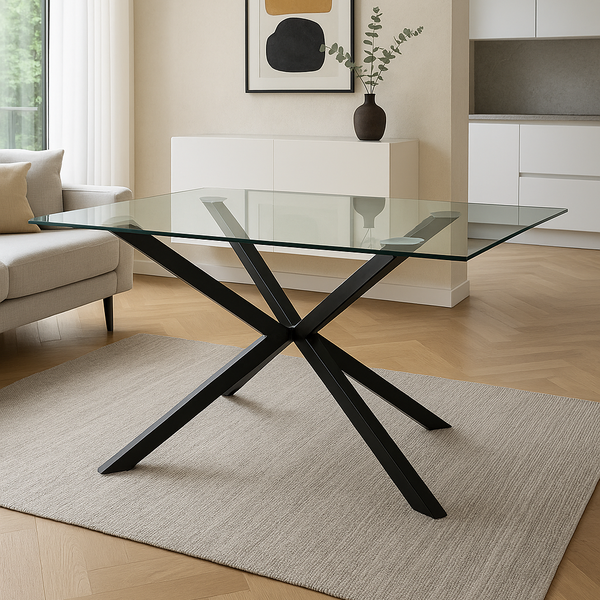 שולחן מלבני זכוכית בשילוב רגל מעוצבת בצבע שחור 160X90 ס"מ