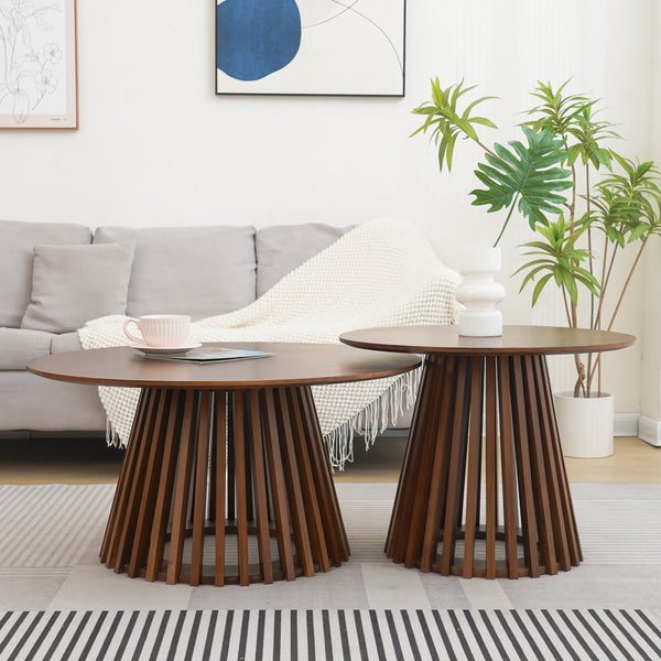 סט זוג שולחנות סלון עגולים מעץ פורניר בצבע אגוז דגם "ניבר"