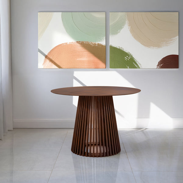 שולחן פינת אוכל עגול מעץ צבע אגוז קוטר 110 ס"מ בסגנון קווים הרמונים דגם "פורטו"