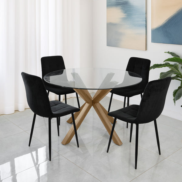 סט שולחן פינת אוכל זכוכית בשילוב רגלי עץ קוטר 120 ס"מ בשילוב 4 כיסאות קטיפה שחורה דגם שחר