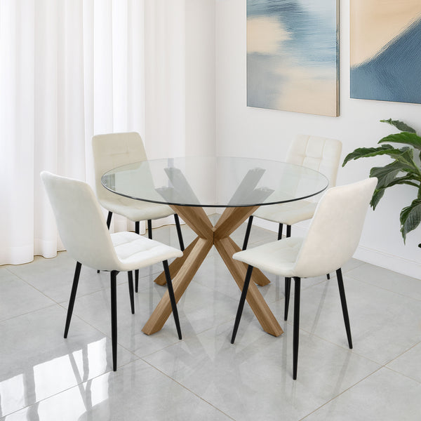 סט שולחן פינת אוכל זכוכית בשילוב רגלי עץ קוטר 120 ס"מ בשילוב 4 כיסאות קטיפה שמנת דגם שחר