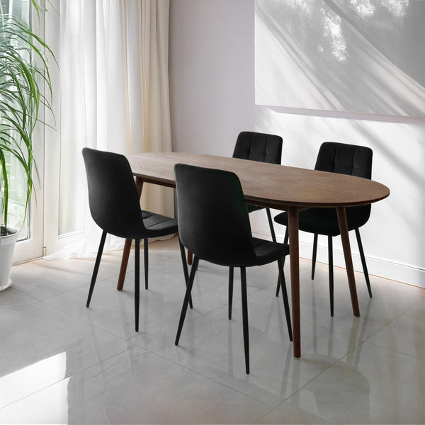 סט פינת אוכל שולחן אובלי מעץ אגוז "סלסטה" 180*90 ס"מ ו4 כיסאות אוכל קטיפה שחור דגם "שחר"