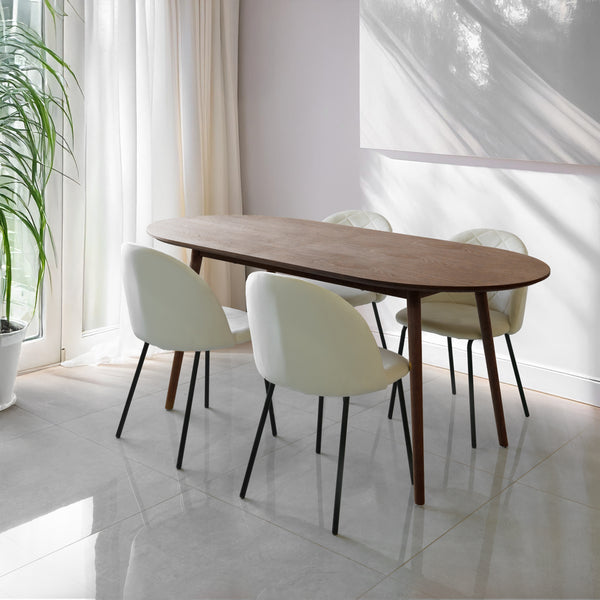 סט פינת אוכל שולחן אובלי מעץ אגוז "סלסטה" 180*90 ס"מ ו4 כיסאות אוכל קטיפה שמנת דגם "יהלומים"