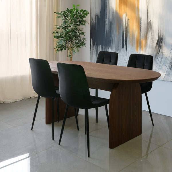 סט פינת אוכל שולחן פינת אוכל אובלי צבע עץ אגוז 180*90 ס"מ + 4 כיסאות קטיפה לבחירה במגוון צבעים ( שחור)