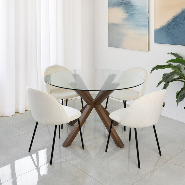 סט שולחן אוכל זכוכית רגל עץ אגוז ובשילוב 4 כסאות קטיפה לבחירה במגוון צבעים דגם יהלומים (שמנת)