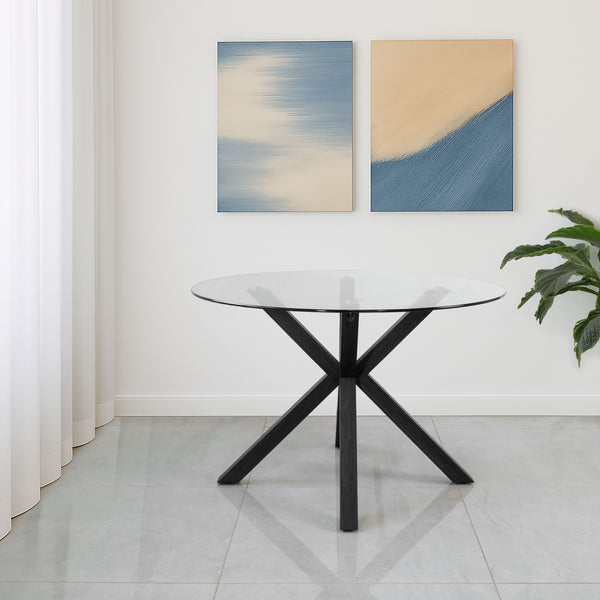 שולחן פינת אוכל זכוכית בשילוב רגלי עץ צבע שחור קוטר 120 ס"מ