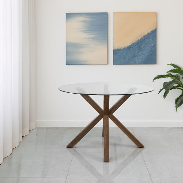 שולחן פינת אוכל זכוכית בשילוב רגלי עץ צבע אגוז קוטר 120 ס"מ