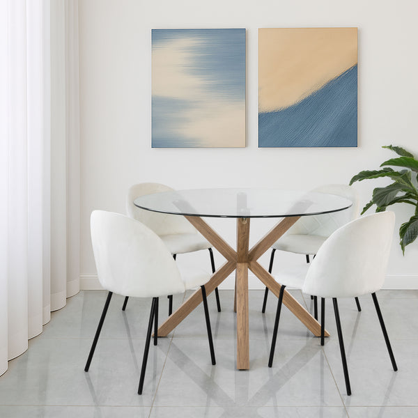 סט שולחן אוכל זכוכית רגל עץ אלון ובשילוב 4 כסאות קטיפה לבחירה במגוון צבעים דגם יהלומים (שמנת)