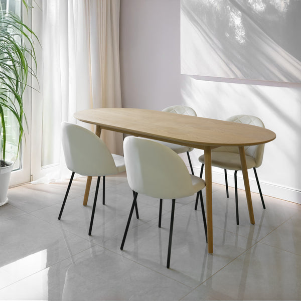 סט פינת אוכל שולחן אובלי מעץ אלון "סלסטה" 180*90 ס"מ ו4 כיסאות אוכל קטיפה שמנת דגם "יהלומים"