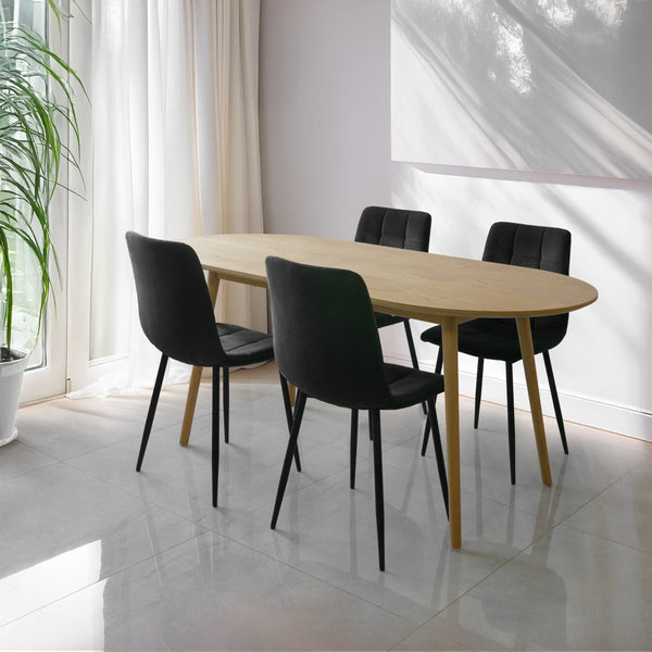 סט פינת אוכל שולחן אובלי מעץ אלון "סלסטה" 180*90 ס"מ ו4 כיסאות אוכל מרופד שחור דגם "שחר"
