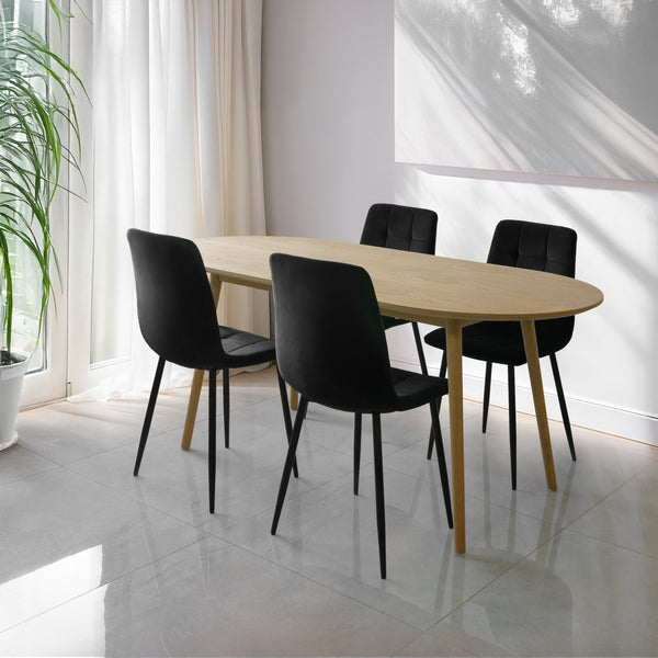 סט פינת אוכל שולחן אובלי מעץ אלון "סלסטה" 180*90 ס"מ ו4 כיסאות אוכל קטיפה שחור דגם "שחר"