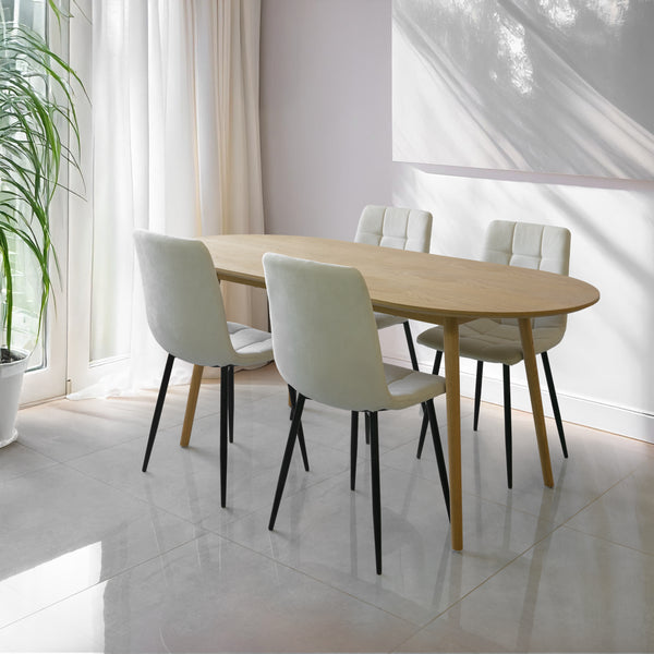 סט פינת אוכל שולחן אובלי מעץ אלון "סלסטה" 180*90 ס"מ ו4 כיסאות אוכל מרופד שמנת דגם "שחר"