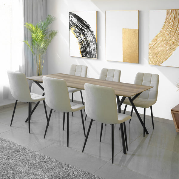 פינת אוכל שולחן מעץ דגם אופיר ו6 כיסאות קטיפה לבחירה במגוון צבעים דגם שחר (שמנת)