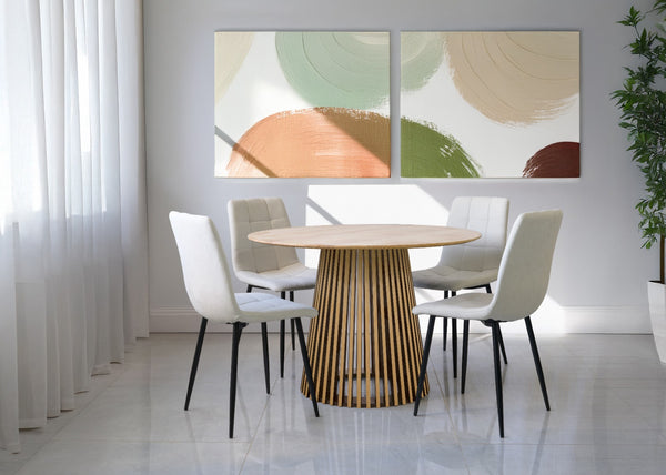 פינת אוכל שולחן עגול צבע עץ אלון 110 ס"מ דגם פורטו ו4 כיסאות קטיפה לבחירה במגוון צבעים דגם שחר ( שמנת)