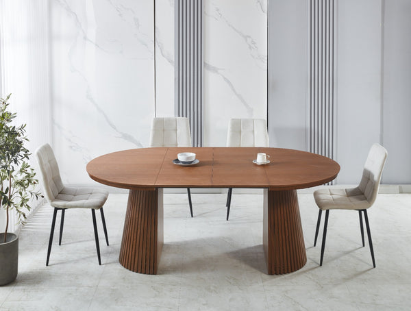 סט פינת אוכל שולחן אובלי נפתח צבע עץ אגוז 120-160/200 ס"מ בתוספת 4 כיסאות מרופדים במגוון צבעים דגם שחר (שמנת)