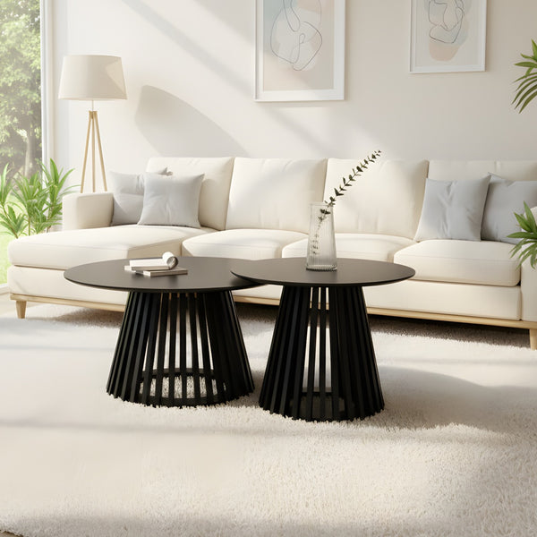 סט זוג שולחנות סלון עגולים מעץ פורניר בצבע שחור דגם "ניבר"