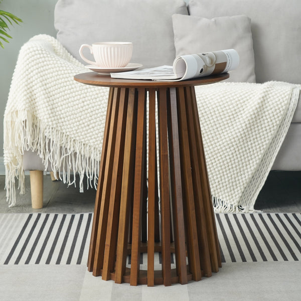 שולחן צד עגול מעץ צבע אגוז קוטר 40 ס"מ בסגנון קווים הרמונים דגם שון