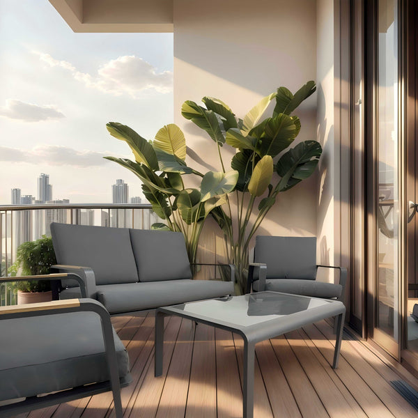 פינת ישיבה לגינה אלומיניום בצבע אפור בשילוב ידיות בצבע עץ וכריות אפורות דגם תומר